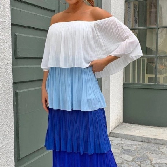 Chic Chiffon layered Pleated Flounce off shoulder Maxi Dress - Picture 6 of 6
